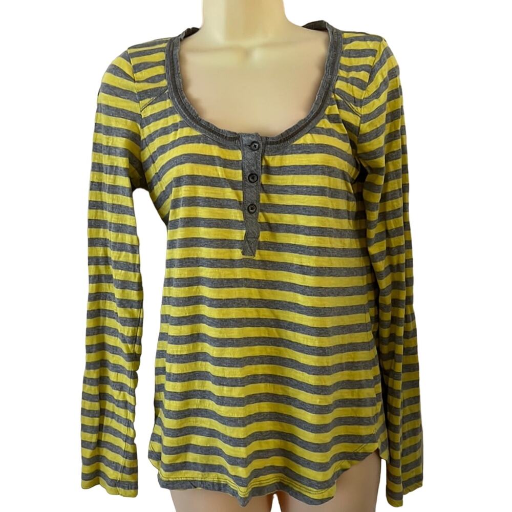 DKNY Jeans Size S Gray & Yellow Striped Knit Top Henley Convertible Sleeve Y2K
